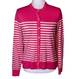 Women’s Pink Striped Lightweight Cardigan Feminine Coastal Parisian Chic Sz XS